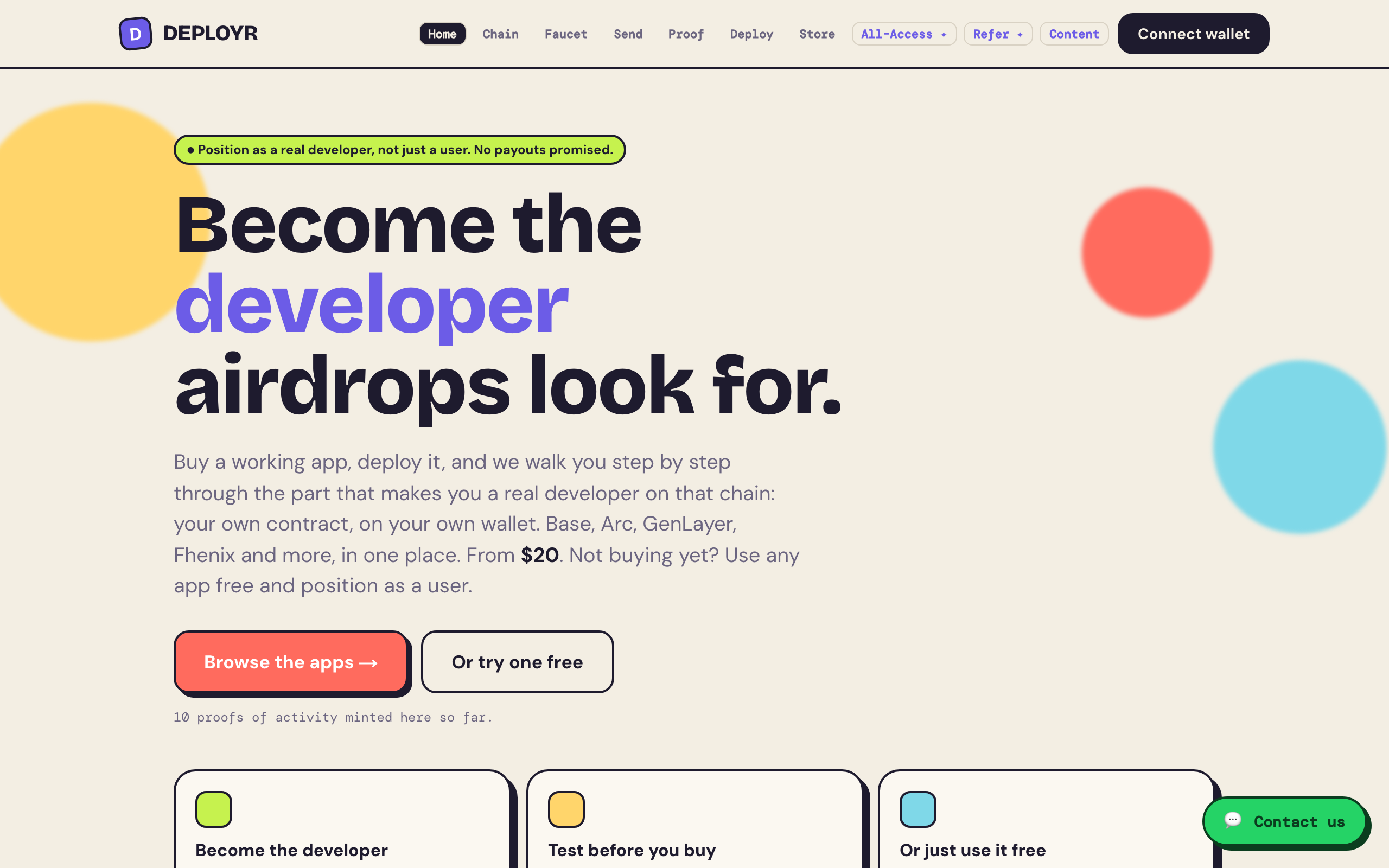 Deployr: become the developer airdrops look for. Buy a working app, deploy your own contract on your own wallet, from twenty dollars or use one free