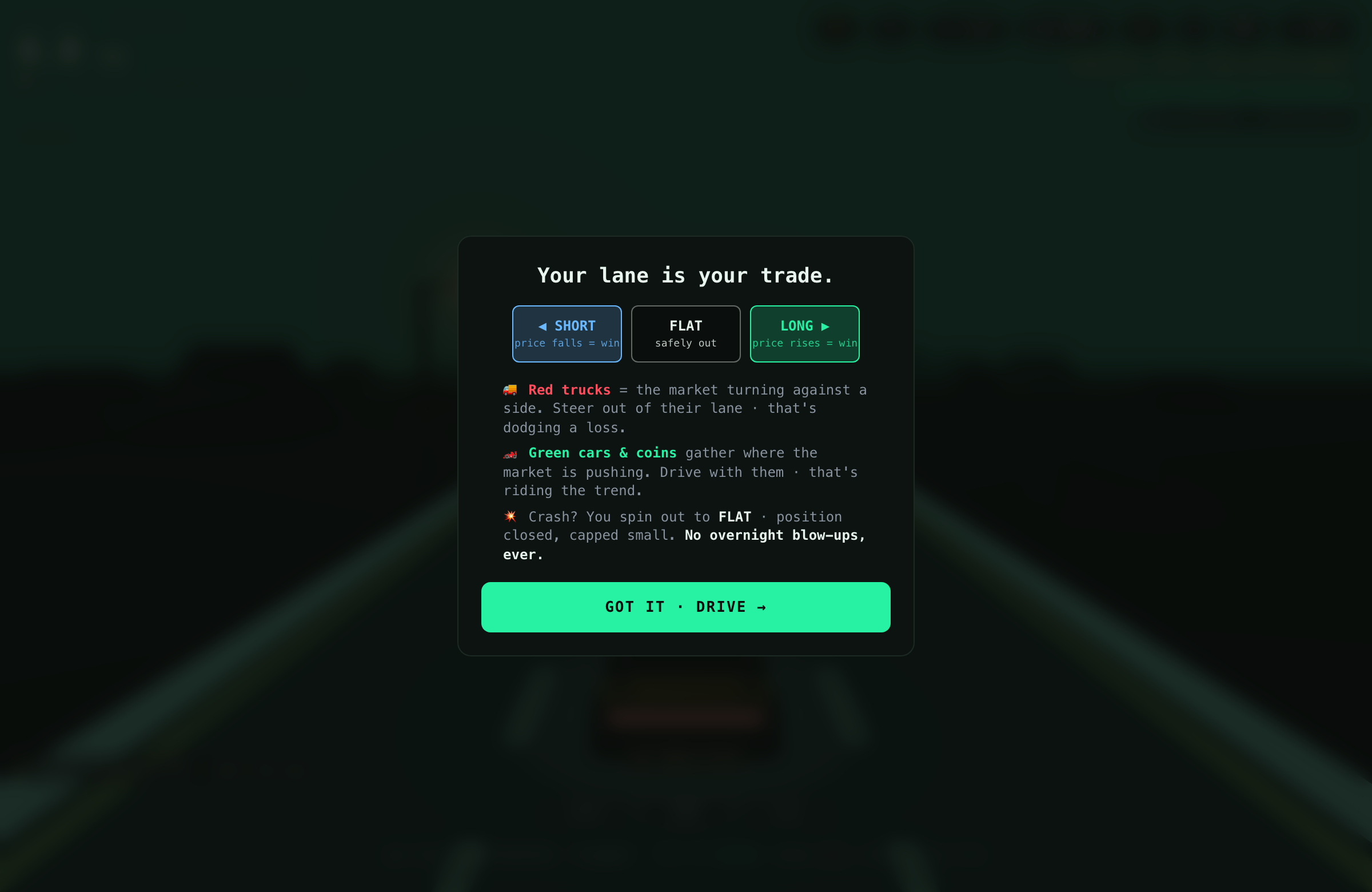 Your lane is your trade: SHORT when price falls, LONG when it rises, FLAT to stay safely out